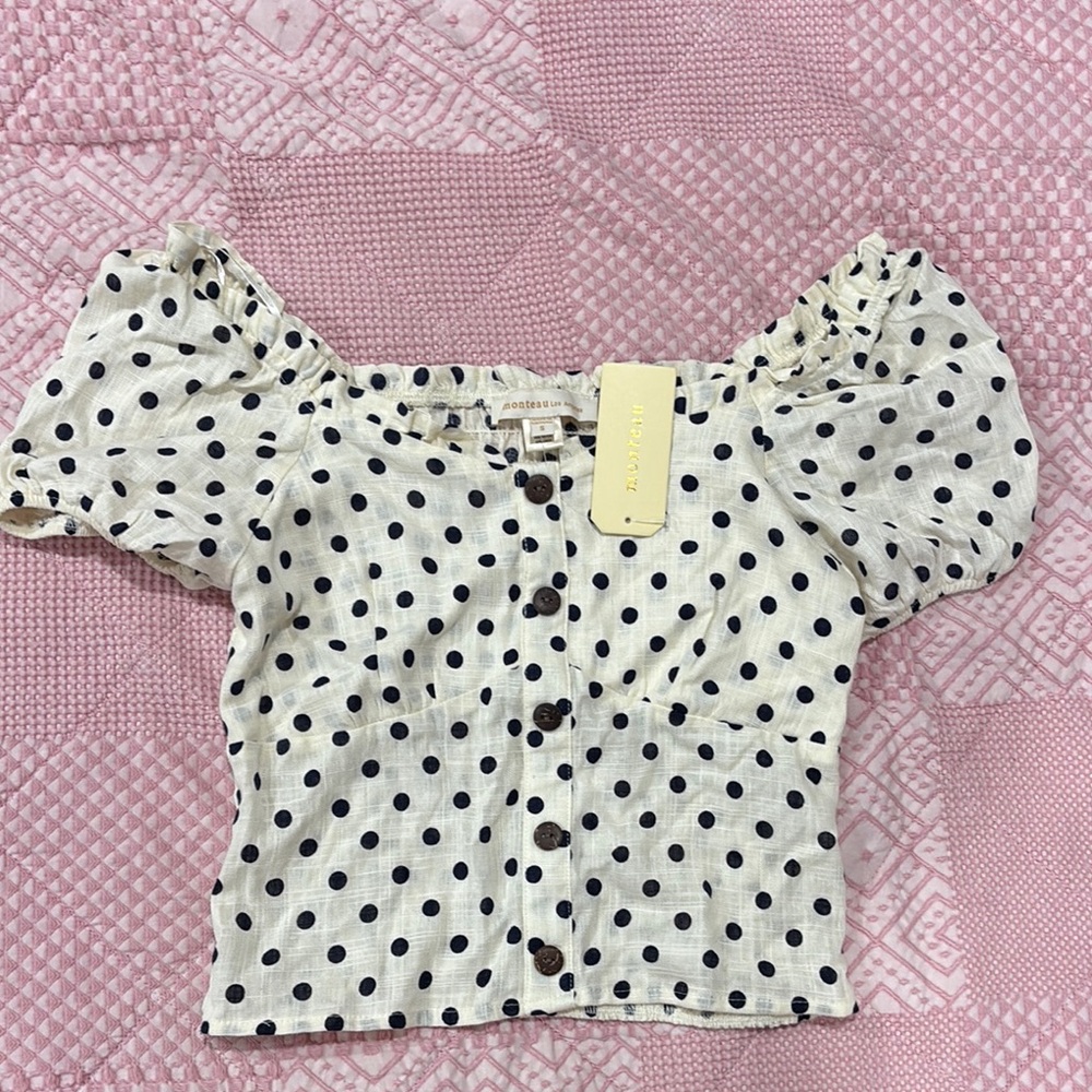 Monteau Navy and White Puff Sleeve Blouse
